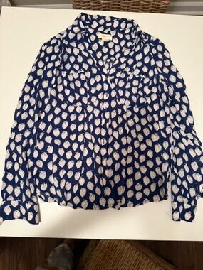 Maeve Navy Blue Button-Up Top with White Strawberry Print